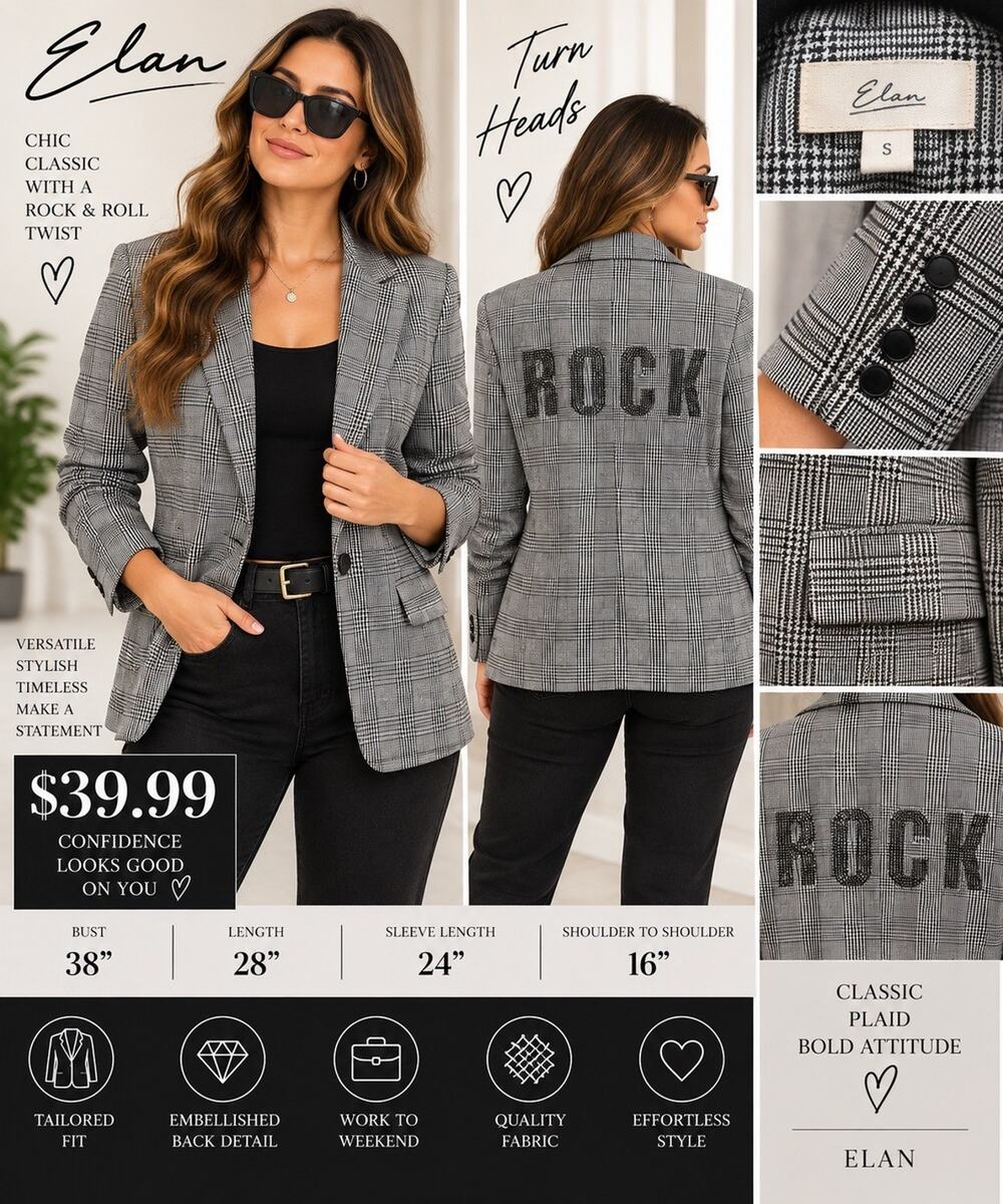 Elan Women’s Gray/Black Plaid One-Button Notch Lapel Lined Stretch Blazer S